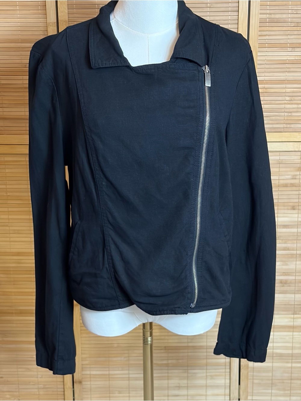 Black Asymmetrical Zip Women's Jacket L Old Navy Linen Blend Academia